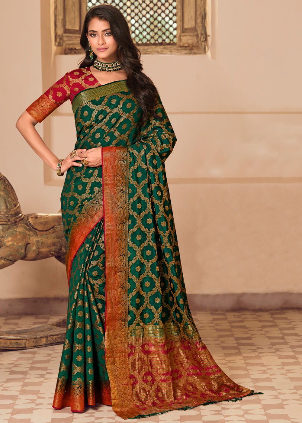 Buy MySilkLove Bottle Green Woven Banarasi Raw Silk Saree Online