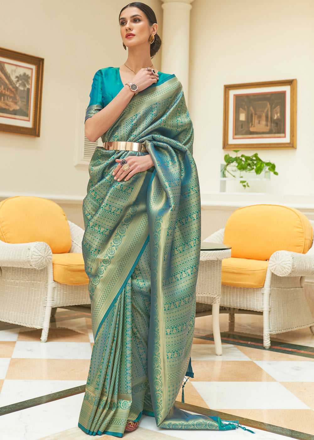 Buy MySilkLove Laurel Green Zari Woven Kanjivaram Saree Online