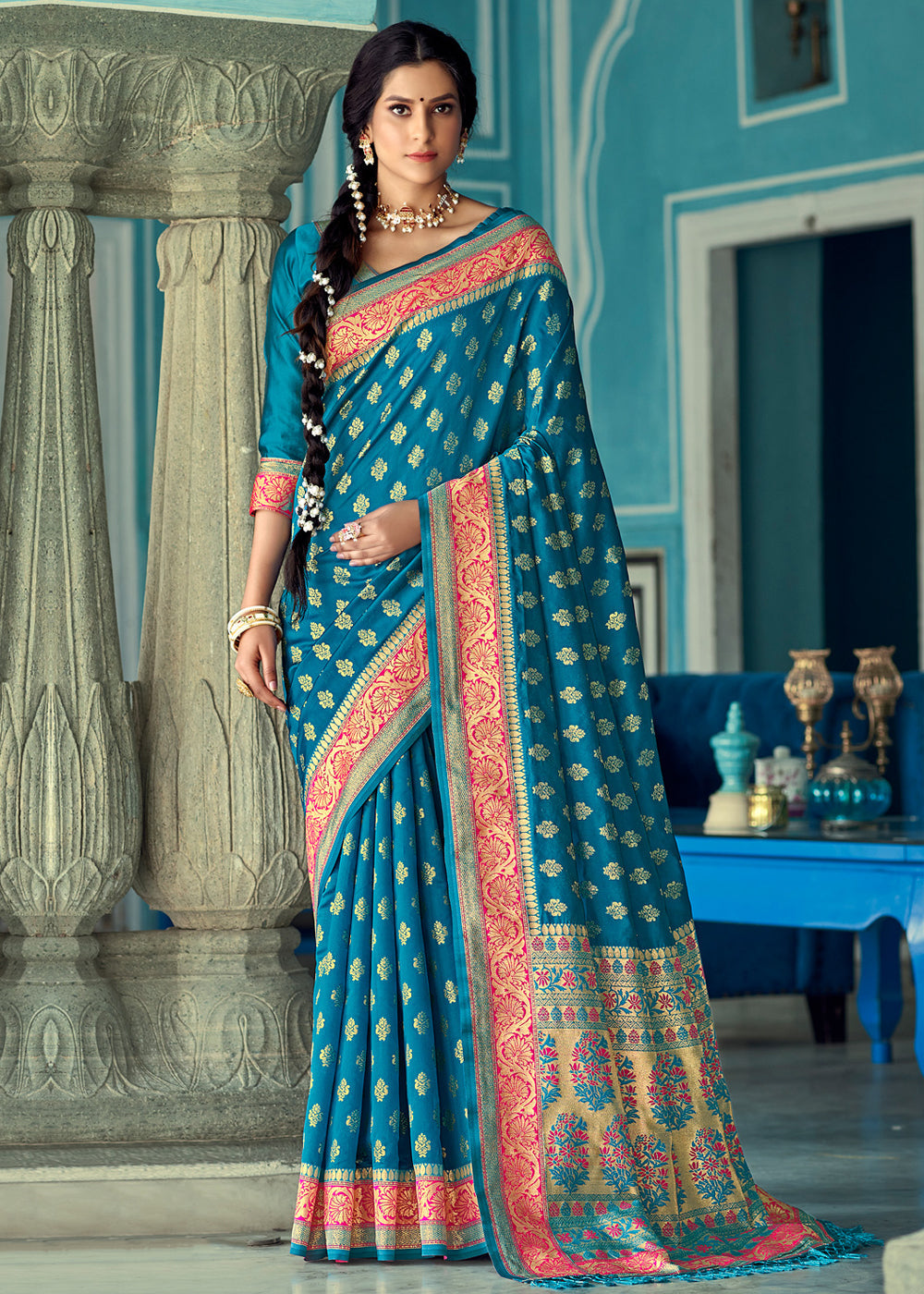 Buy MySilkLove Boston Blue and Red Zari Woven Banarasi Saree Online