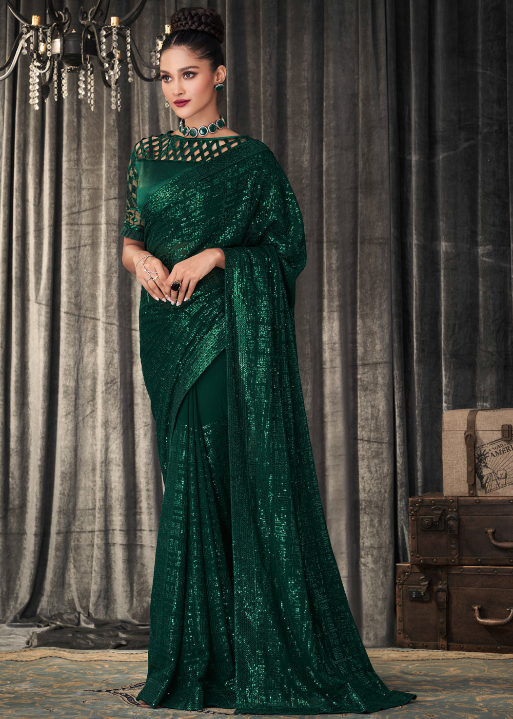 Buy MySilkLove Gable Green Sequins Embroidered Designer Georgette Saree Online