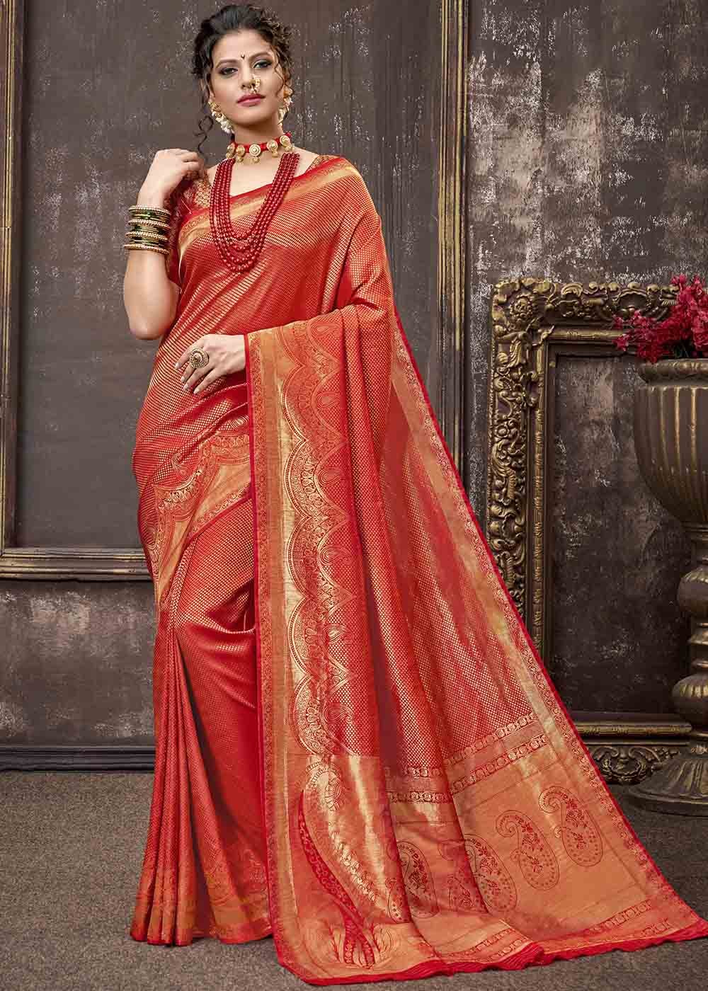 Buy MySilkLove Bean Red Zari Woven Tissue Kanjivaram Saree Online