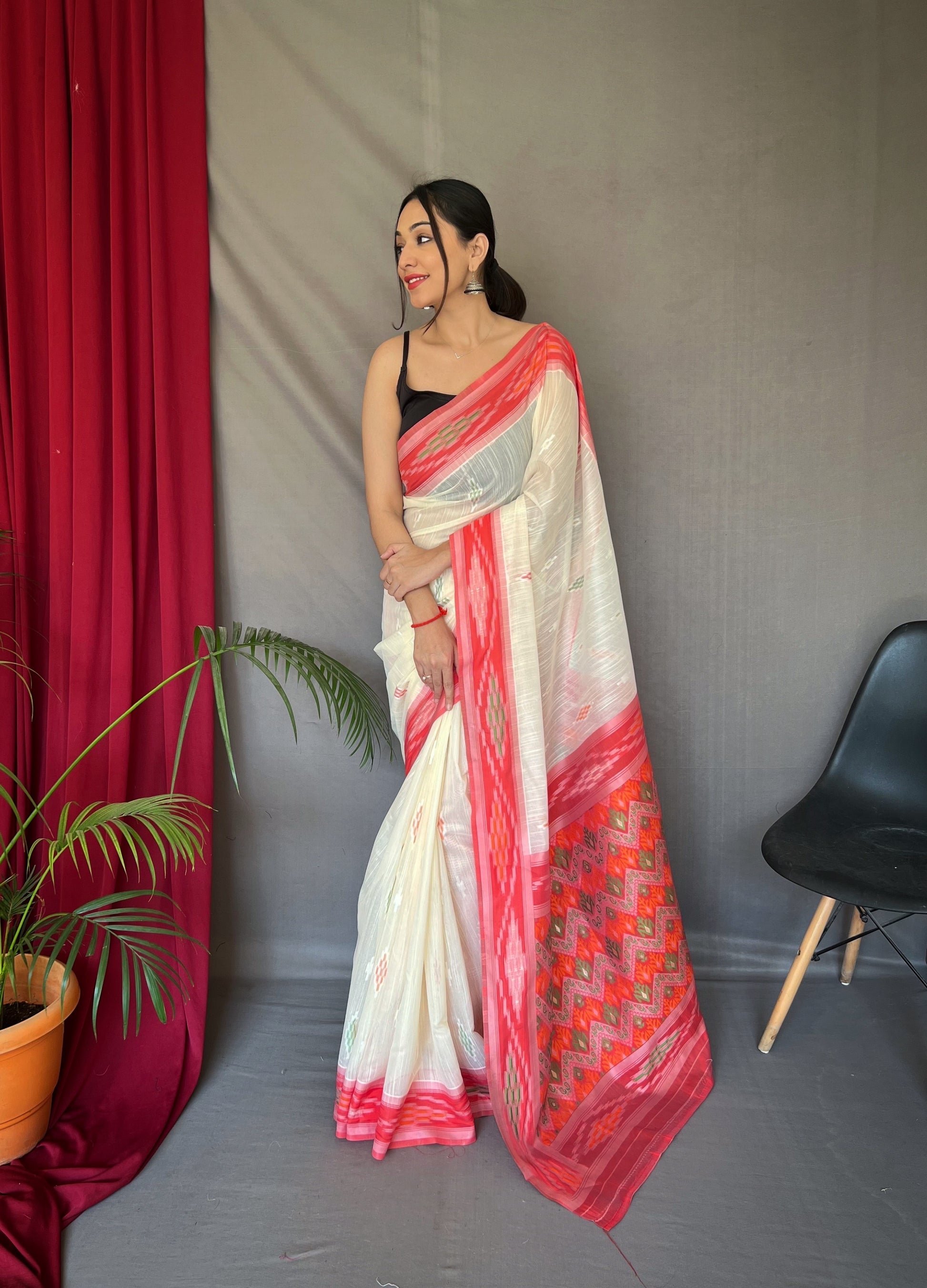 Buy MySilkLove Old Lace White Ikat Woven Cotton Silk Saree Online