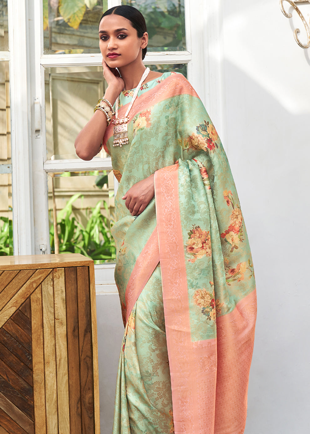 Buy MySilkLove Rainee Green Banarasi Jacquard Printed Saree Online