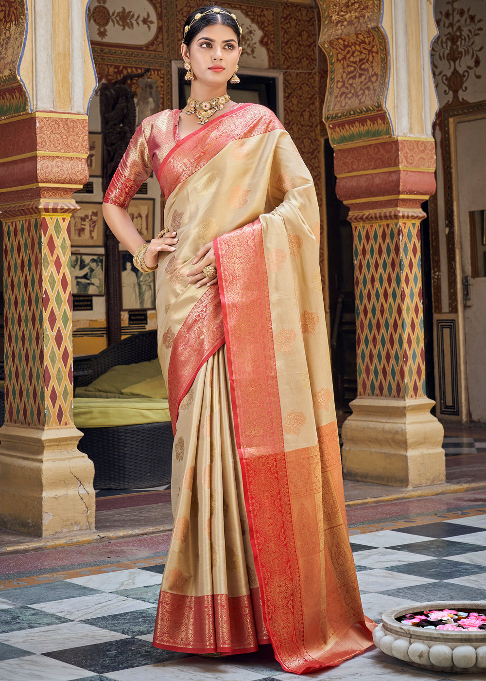 Buy MySilkLove Brandy Cream Woven Banarasi Barcode Silk Saree Online