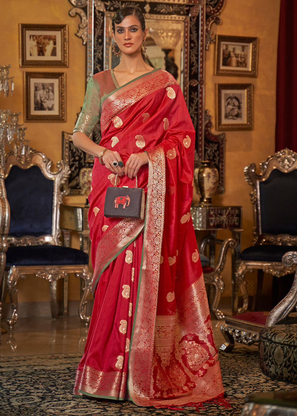 Buy MySilkLove Mexican Red and Green Zari Woven Tussar Saree Online