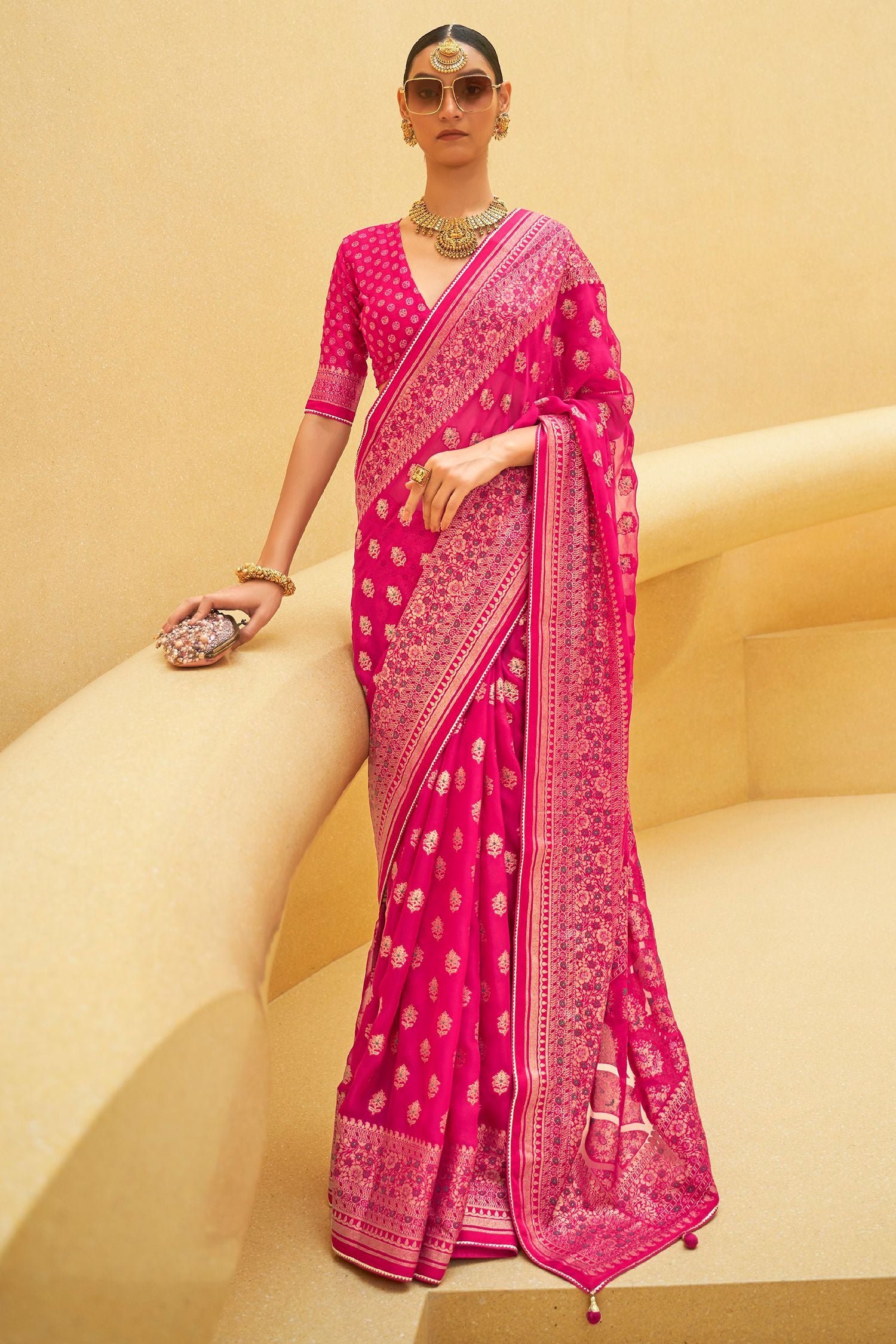 Buy MySilkLove Brick Pink Zari Woven Brasso Organza Saree Online