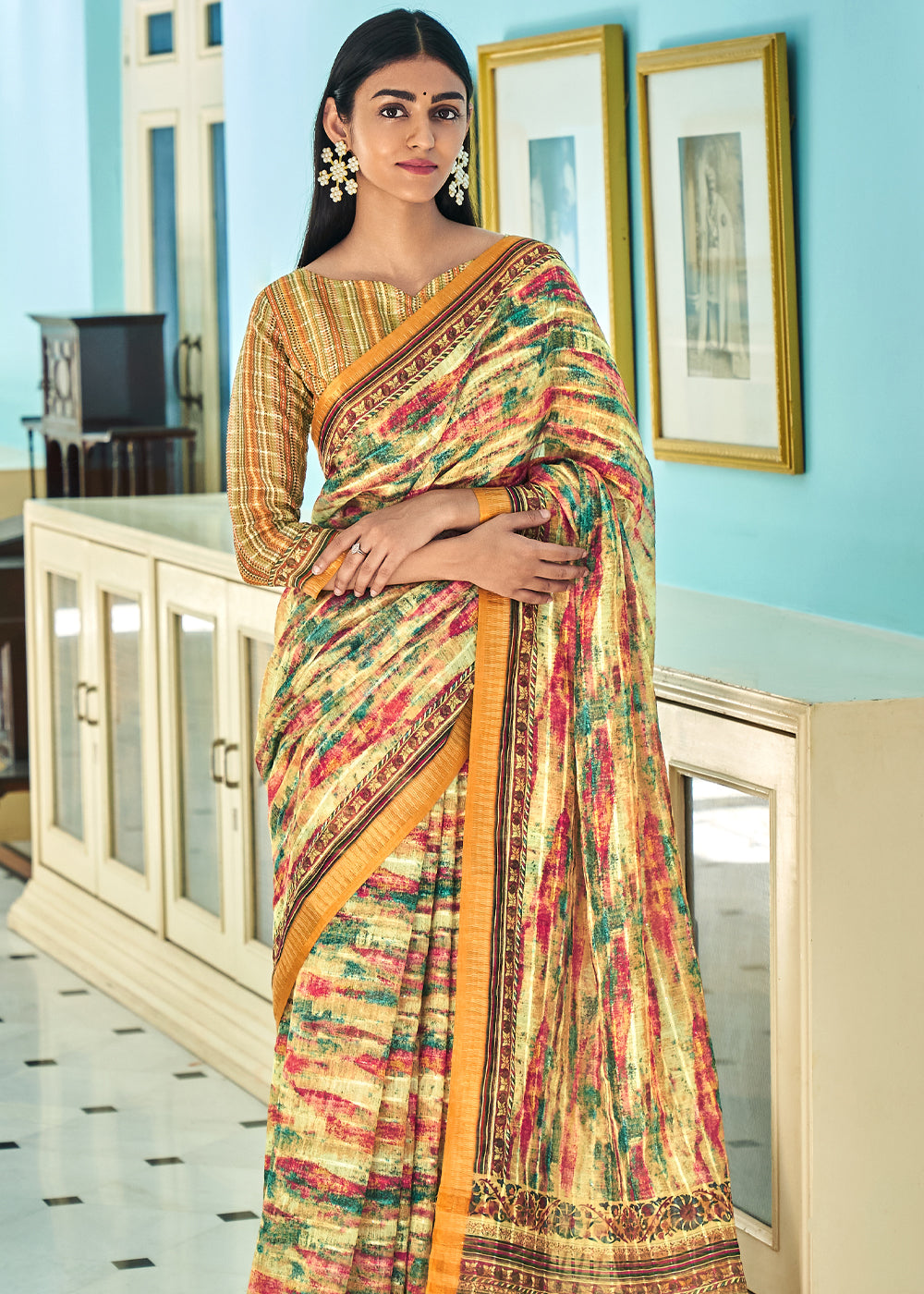 Buy MySilkLove Harvest Yellow Printed Linen Saree Online