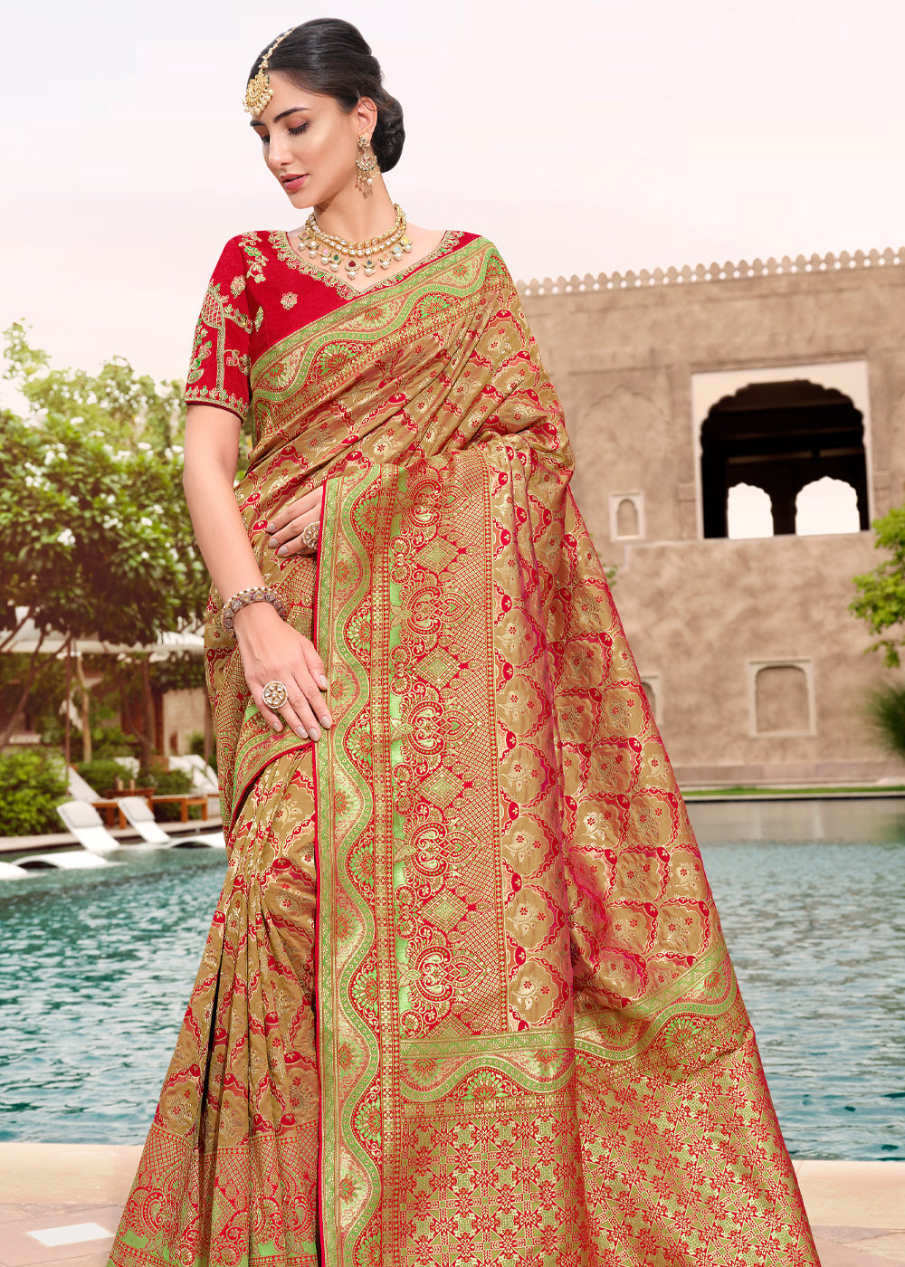 Buy MySilkLove Brass Red and Golden Woven Designer Banarasi Silk Saree Online