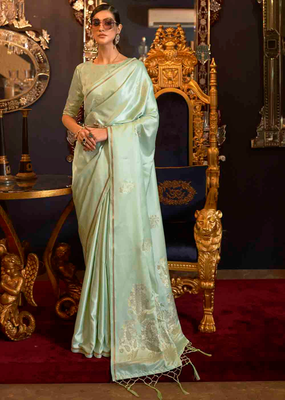 Buy MySilkLove Pale Leaf Green Zari Woven Banarasi Satin Silk Saree Online