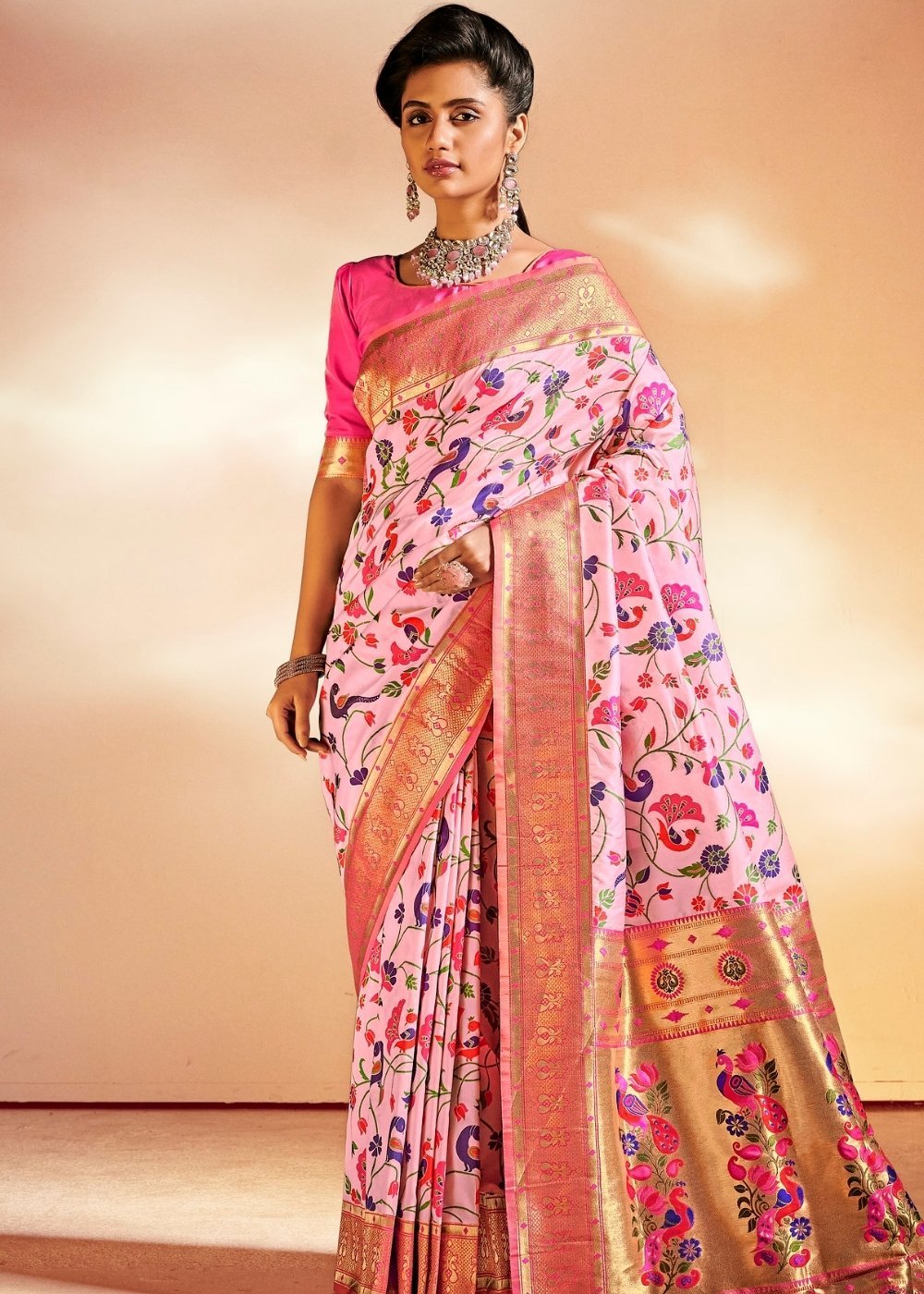 Buy MySilkLove Illusion Pink Zari Woven Banarasi Paithani Fusion Saree Online
