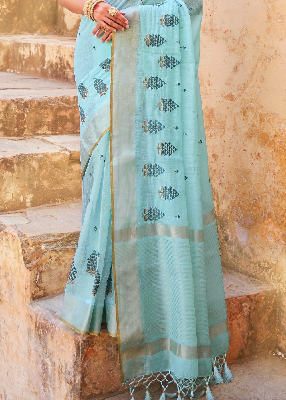 Buy MySilkLove Aqua Island Blue Linen Saree Online