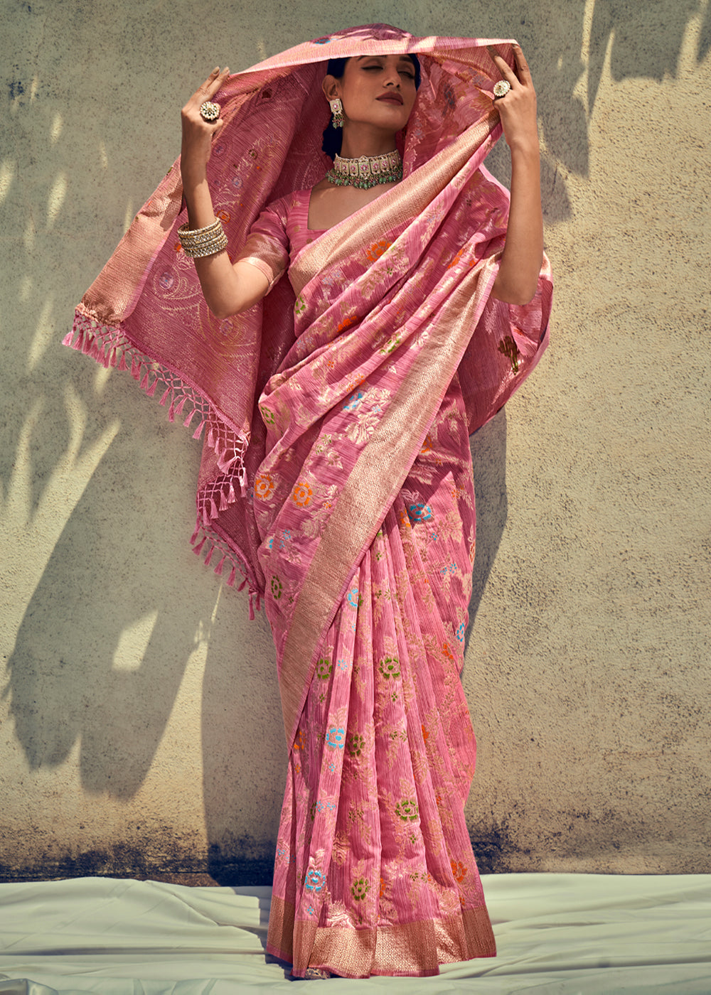 Buy MySilkLove Cornflower Pink Zari Woven Banarasi Linen Saree Online