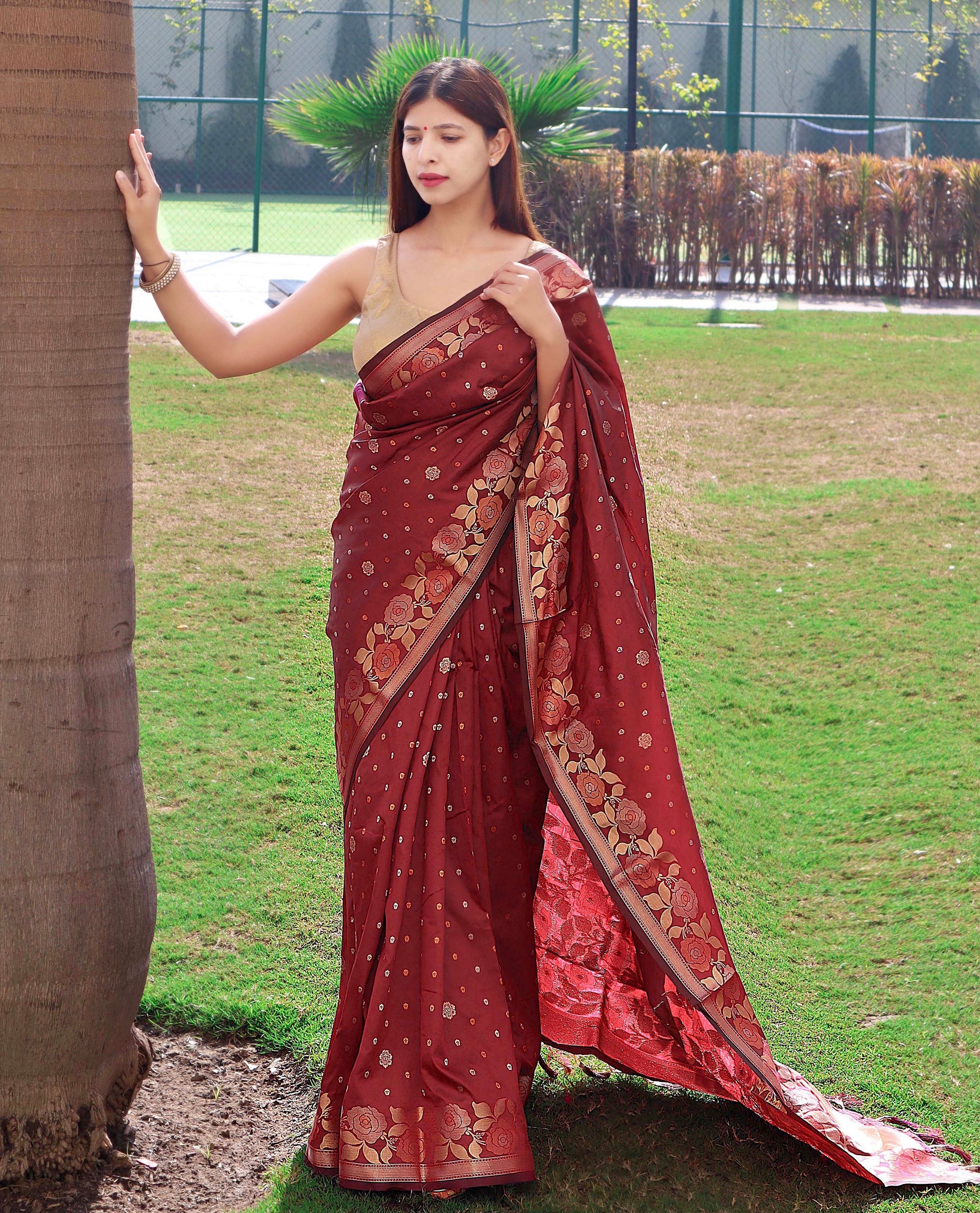 Buy MySilkLove Crown Of Thorns Brown Soft Silk Saree with Floral Woven Border and Pallu Online