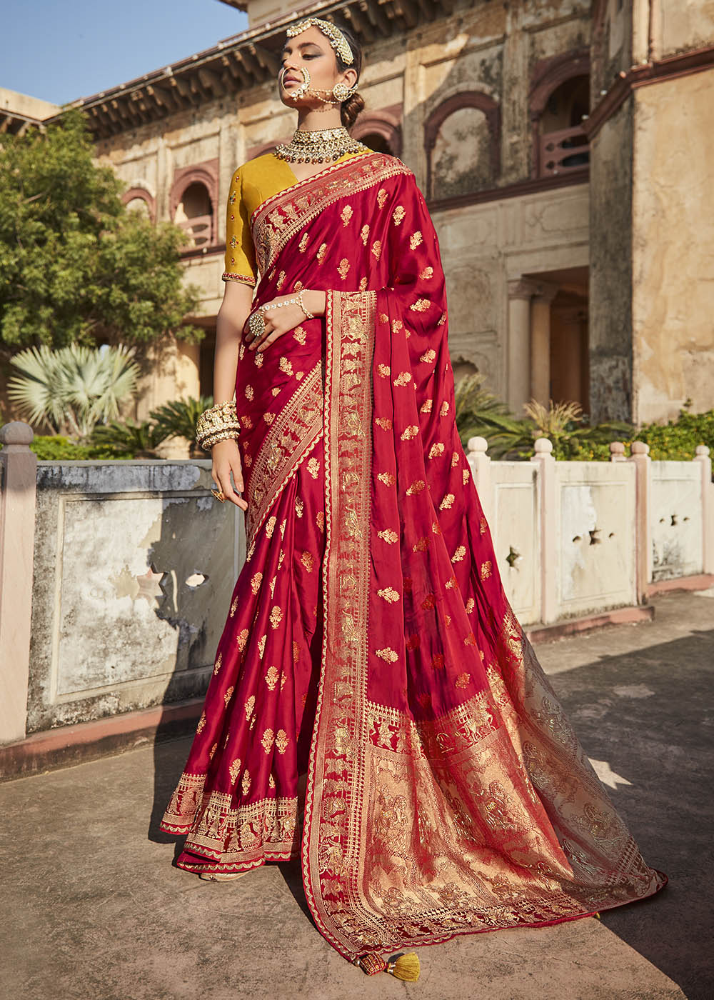 Buy MySilkLove Cedar Red Zari Woven Banarasi Silk Saree with Embroidered Blouse Online