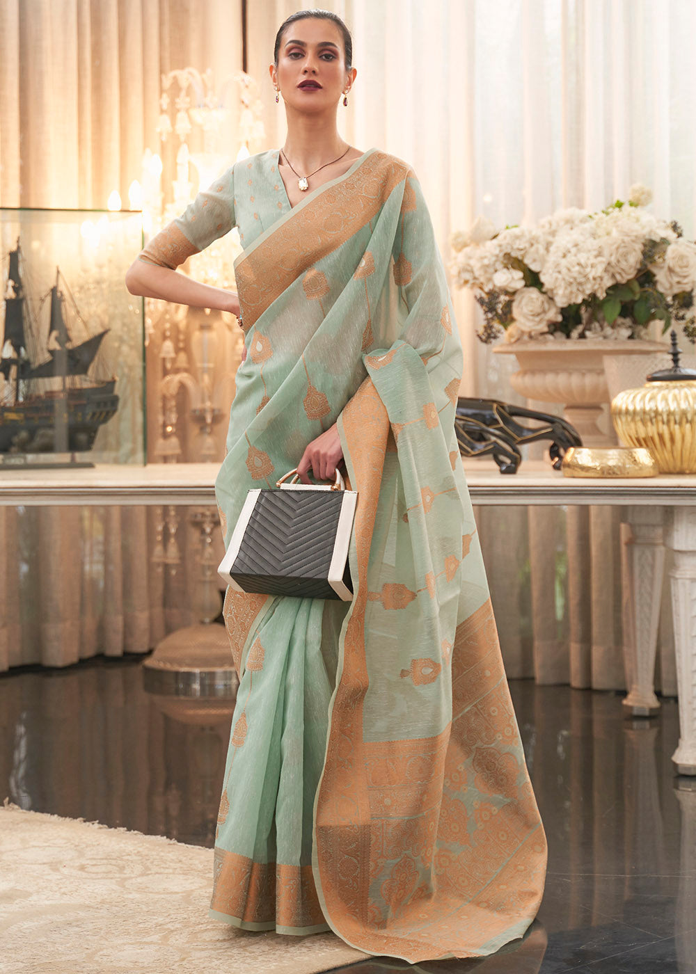 Buy MySilkLove Clay Ash Green Zari Woven Linen Saree Online