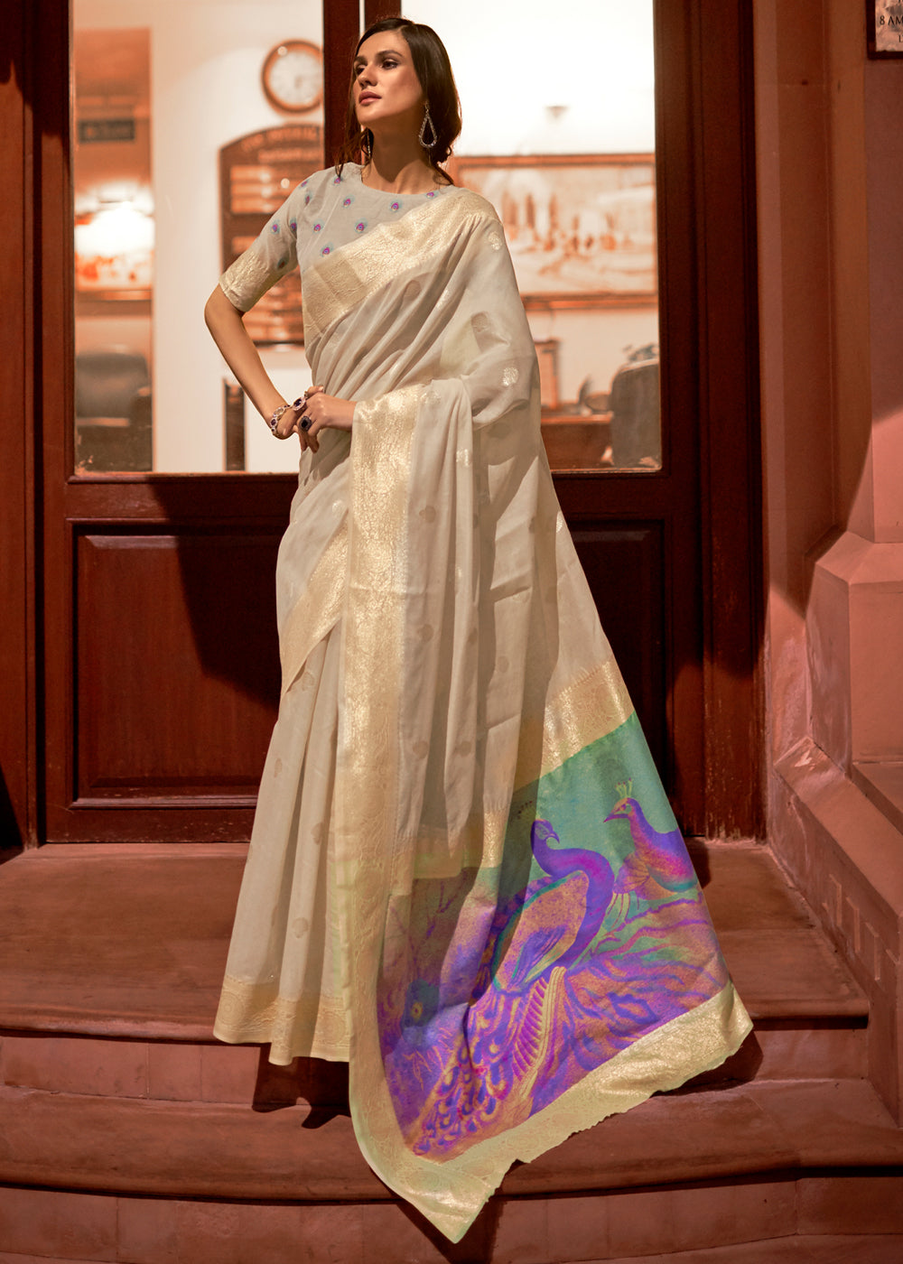 Buy MySilkLove Khaki Cream Zari Woven Banarasi Saree with Peacock Pallu Online