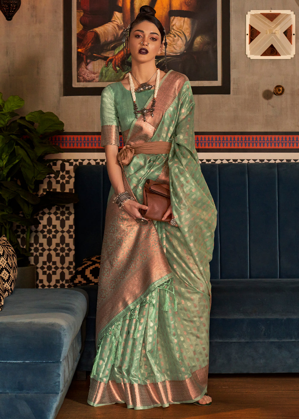 Buy MySilkLove Clay Green Zari Woven Tissue Saree Online