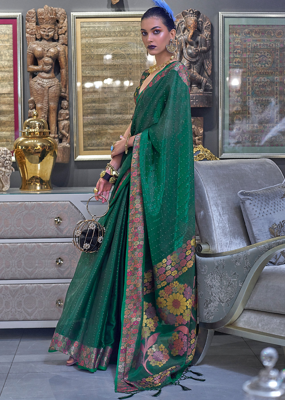 Buy MySilkLove Watercourse Green Woven Dual Tone Organza Banarasi Silk Saree Online