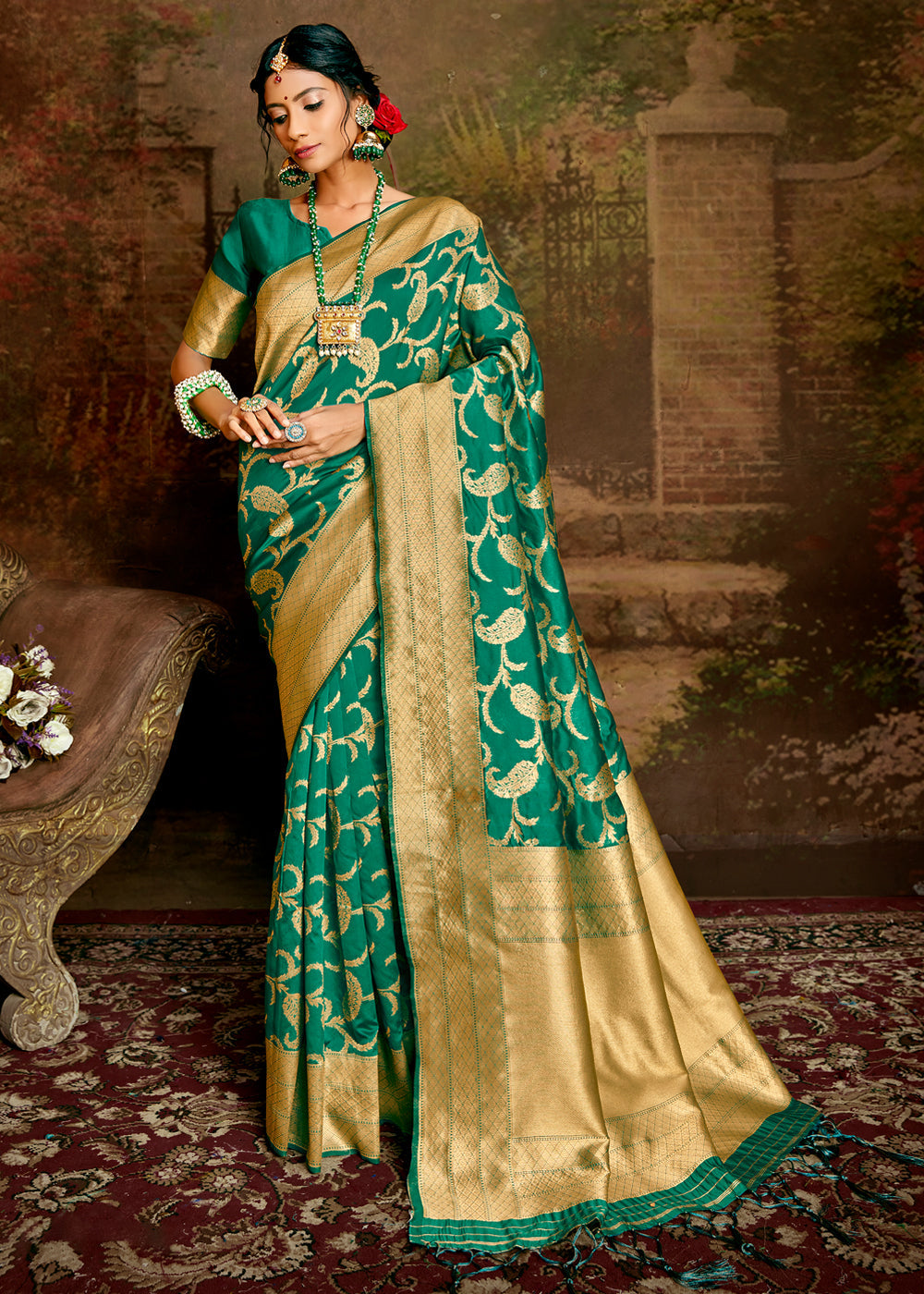 Buy MySilkLove Silver Green Zari Woven Banarasi Jamdani Silk Saree Online