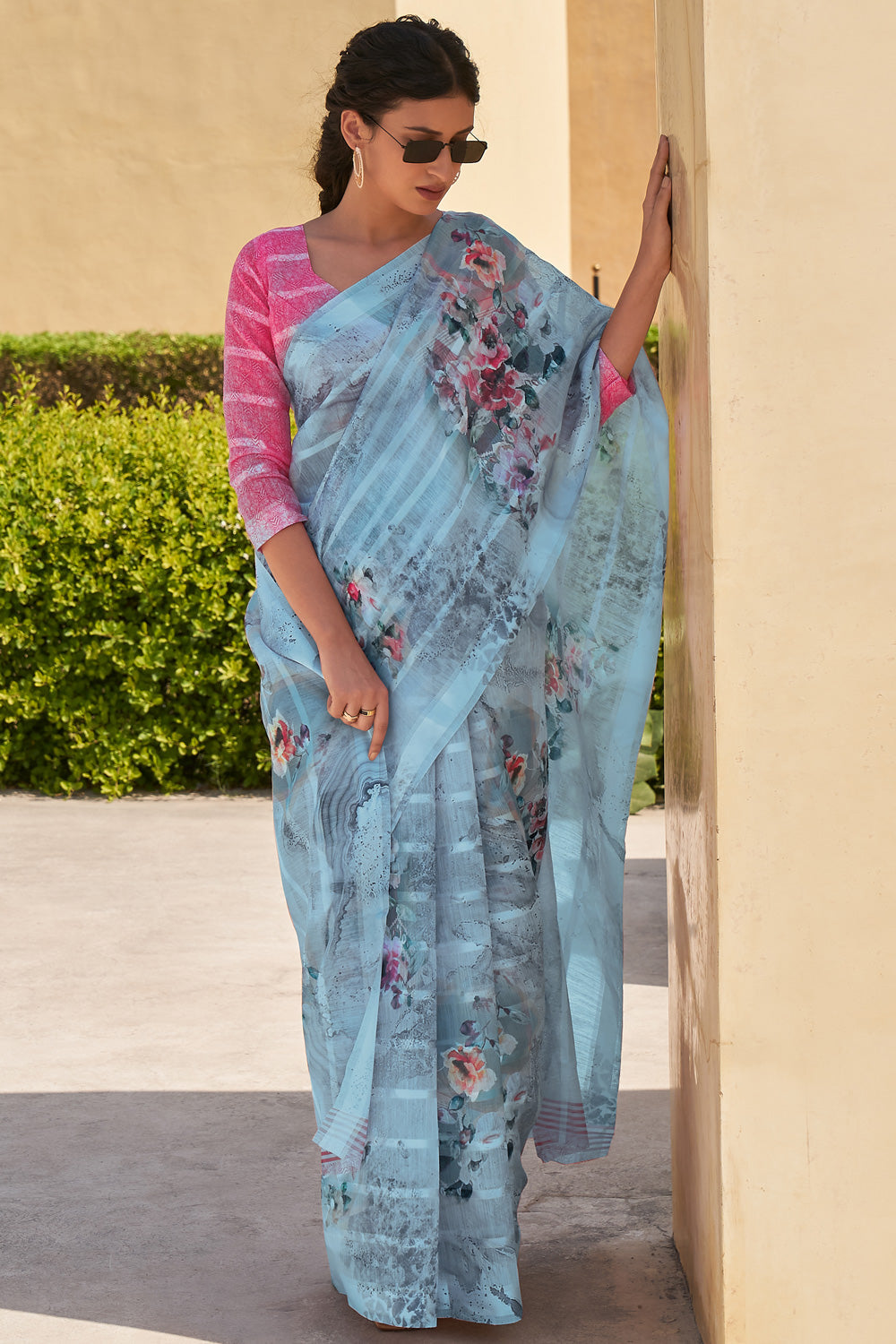 Buy MySilkLove Ship Cove Blue Digital Printed Linen Floral Saree Online