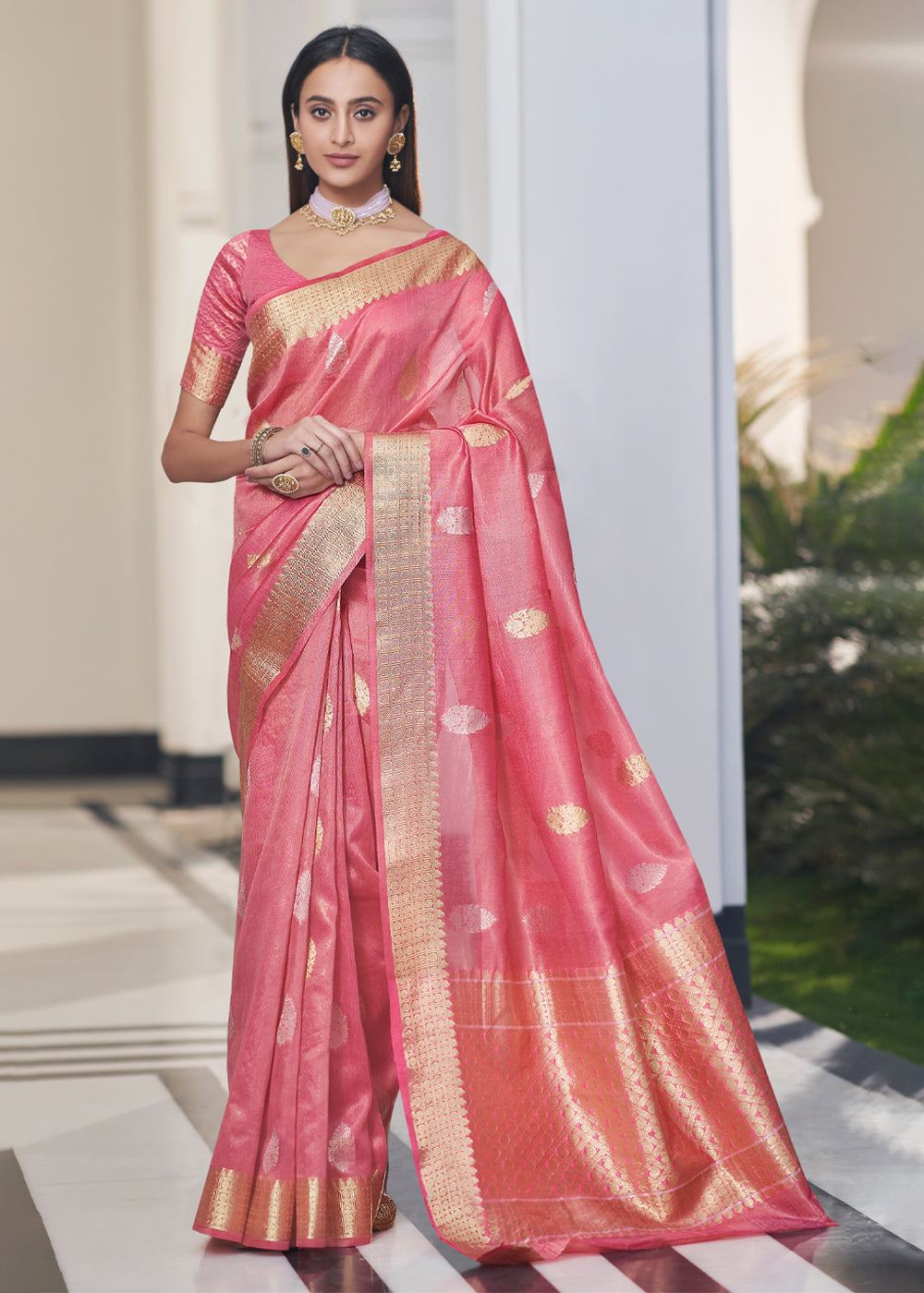 Buy MySilkLove Sundown Pink Zari Woven Tissue Banarasi Silk Saree Online