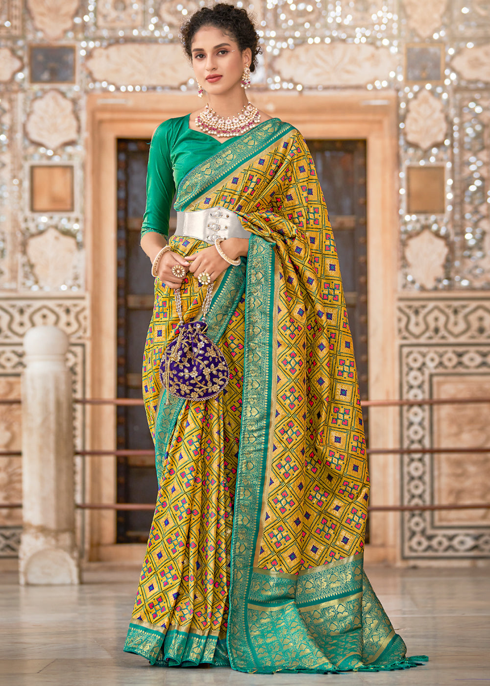 Buy MySilkLove Chenin Yellow and Green Zari Woven Patola Saree Online