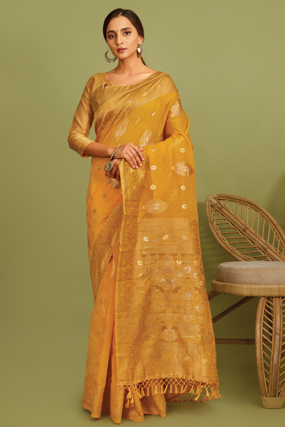 Buy MySilkLove Golden Yellow Zari Woven Linen Saree Online