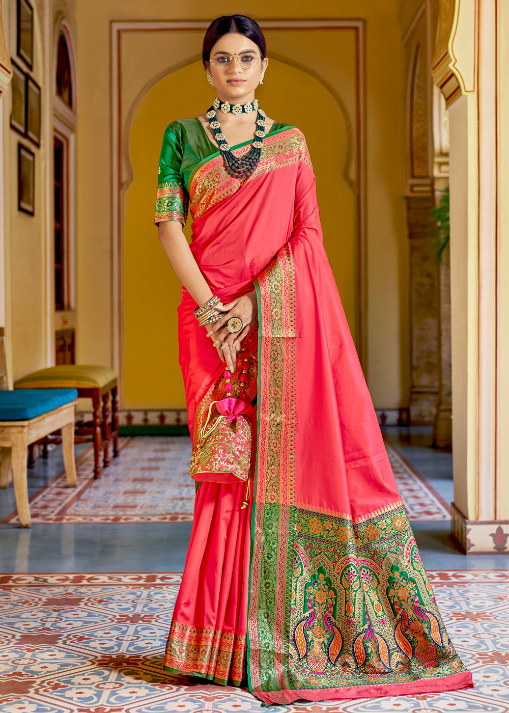 Buy MySilkLove Salmon Pink and Green Zari Woven Banarasi Soft Silk Saree Online