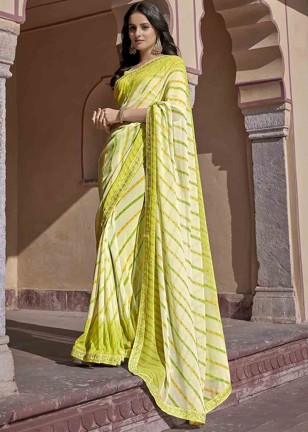 Buy MySilkLove Turmeric Green Yellow Printed Georgette Saree Online