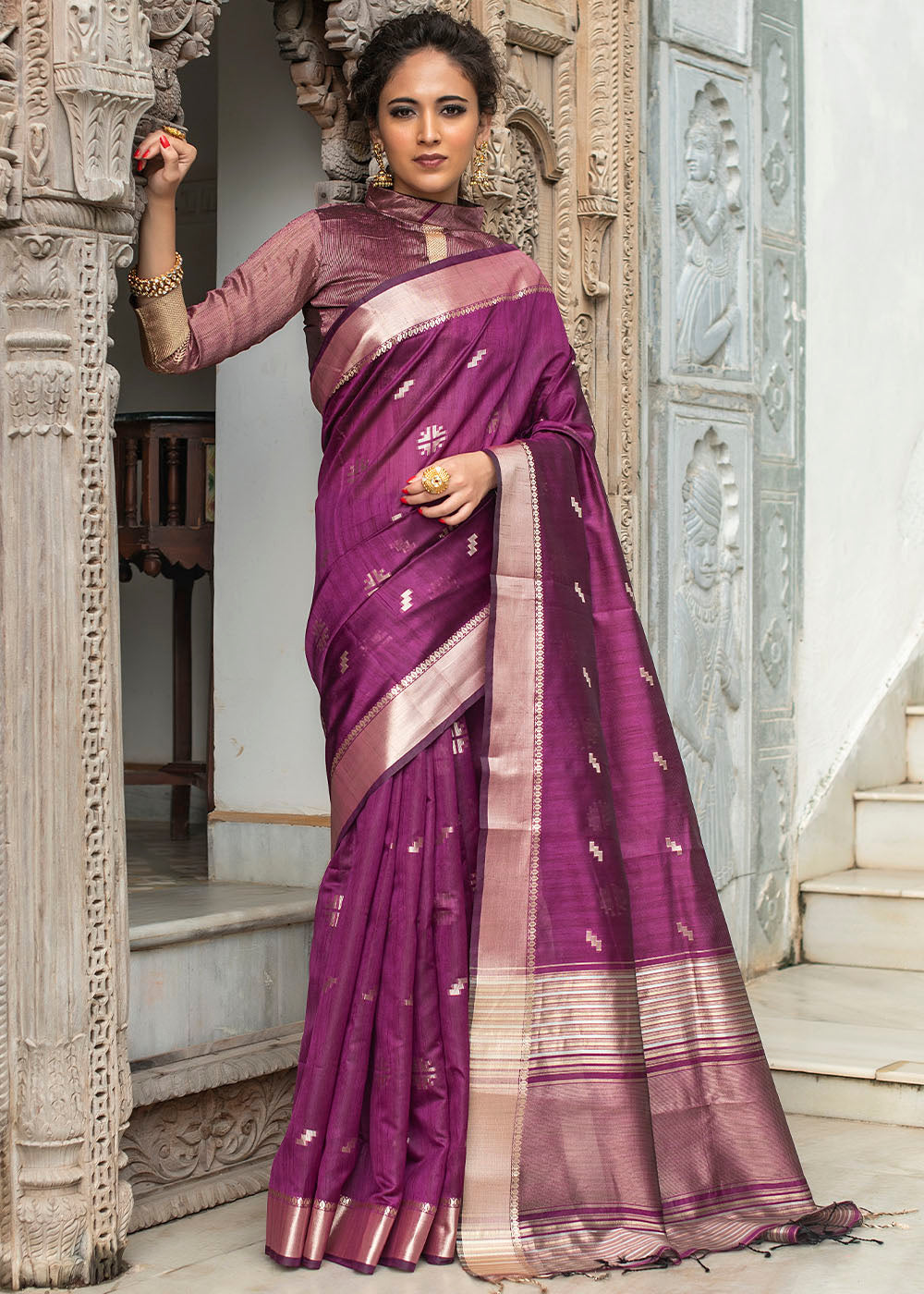 Buy MySilkLove Shocking Purple Zari Woven Tussar Silk Saree Online