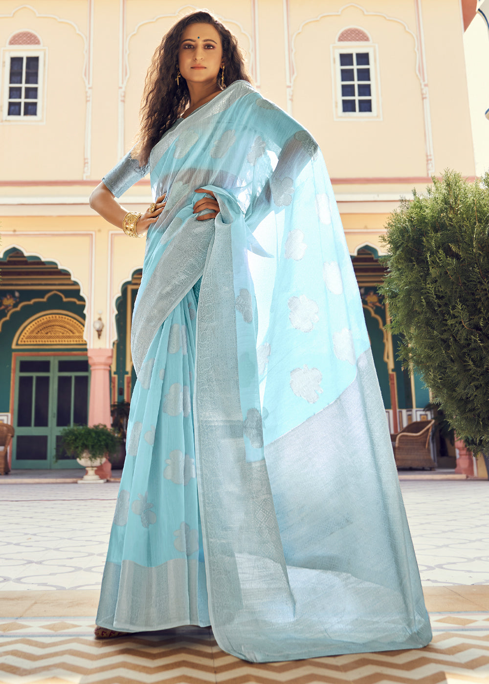 Buy MySilkLove Regent Blue Zari Woven Banarasi Linen Saree Online