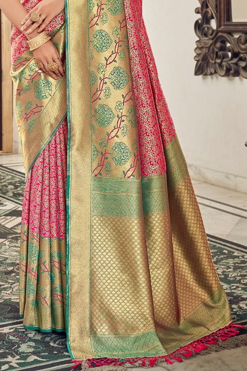 Buy MySilkLove Gerald Pink and Green Zari Woven Banarasi Saree Online