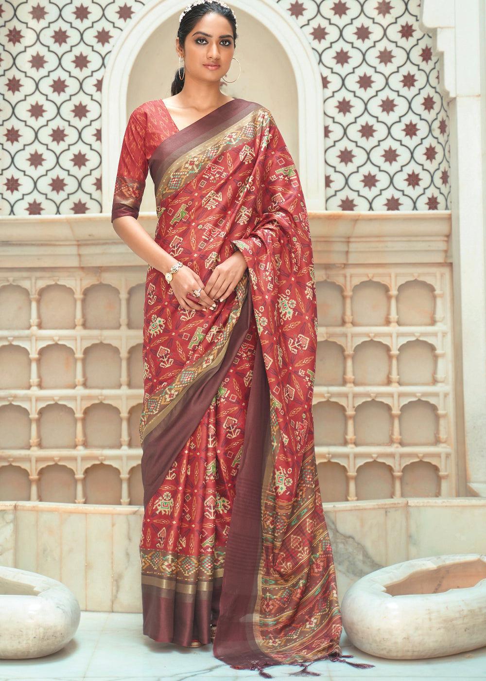 Buy MySilkLove Roman Red Patola Digital Printed Saree Online