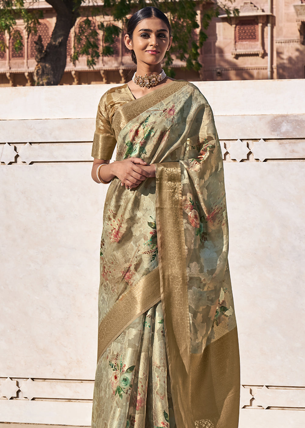 Buy MySilkLove Yuma Green Digital Printed Banarasi Cotton Saree Online