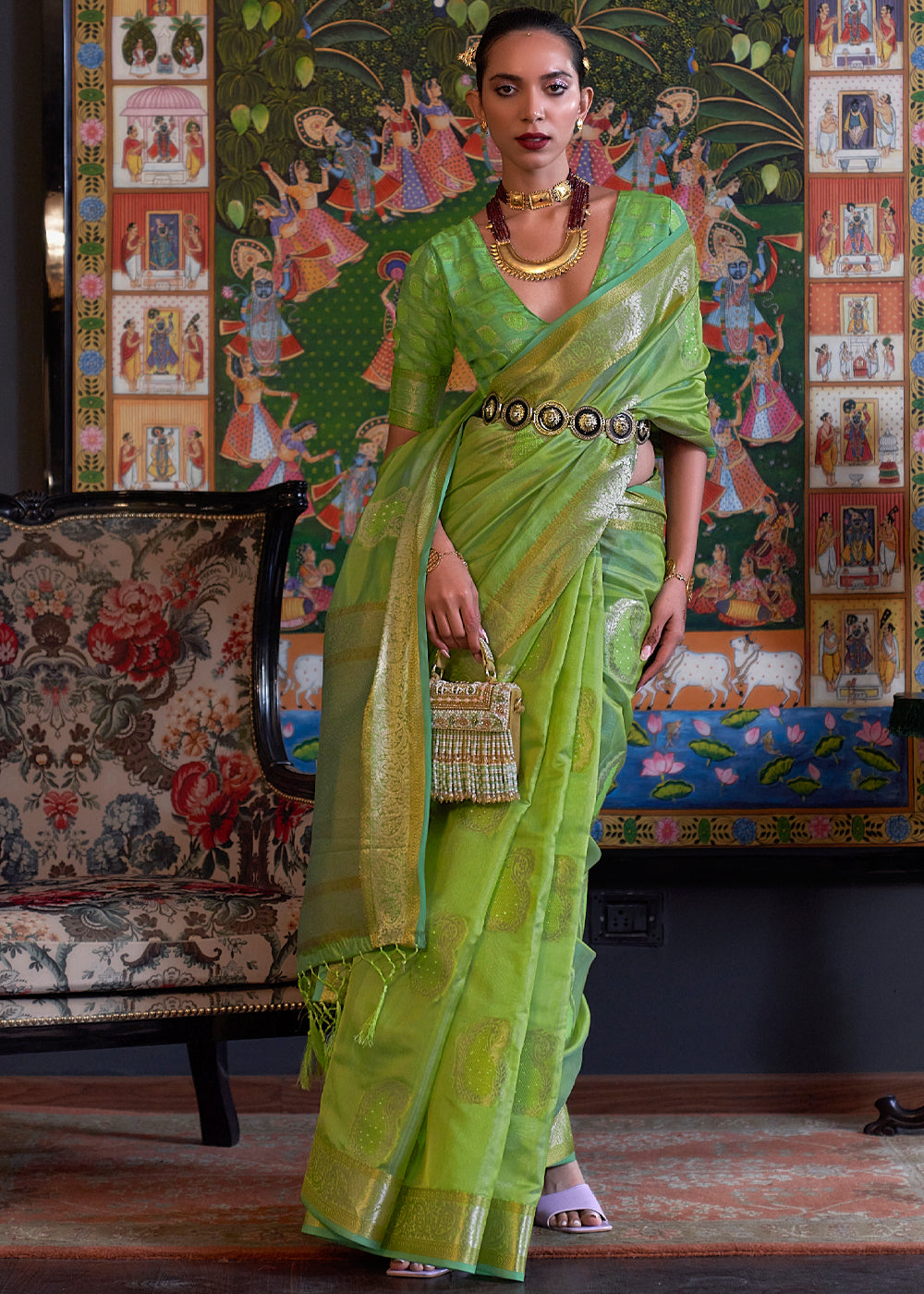 Buy MySilkLove Pista Green Woven Banarasi Organza Silk Saree Online