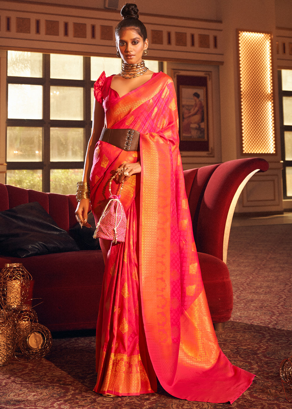 Buy MySilkLove Sizzling Pink Woven Banarasi Silk Saree Online