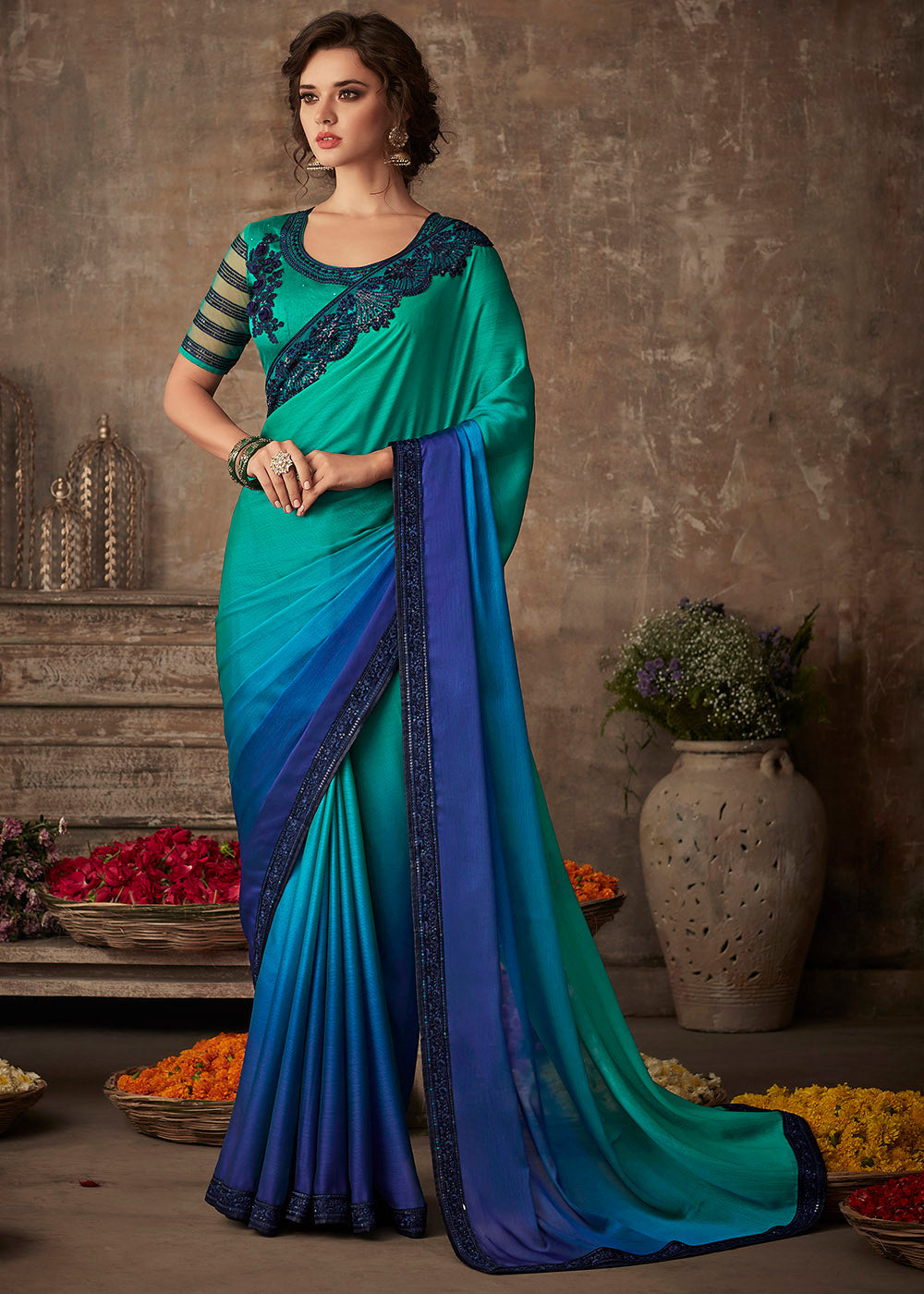 Buy MySilkLove Tradewind Blue Embroidered Designer Saree Online