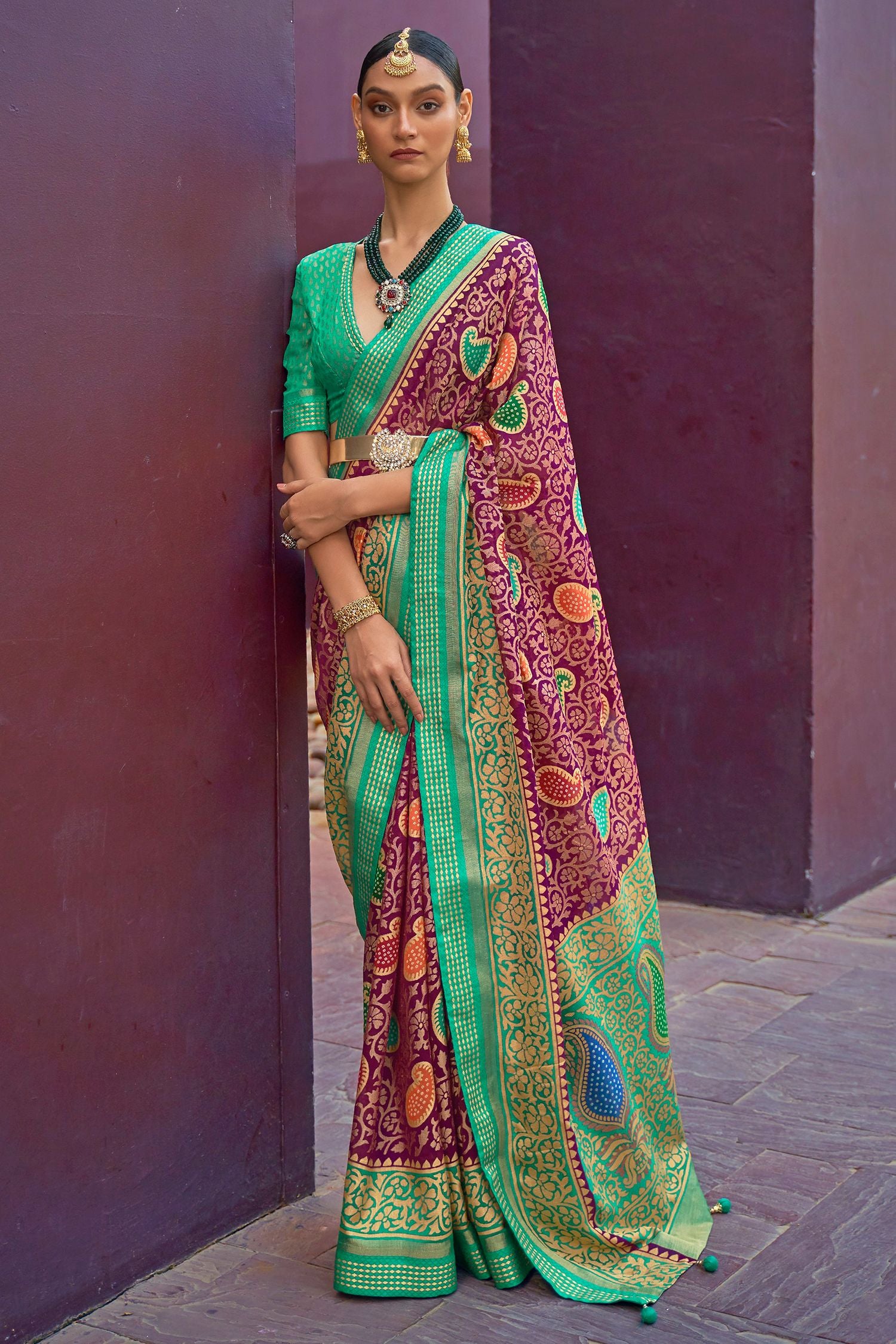 Buy MySilkLove Tapestry Purple and Green Printed Brasso Saree Online