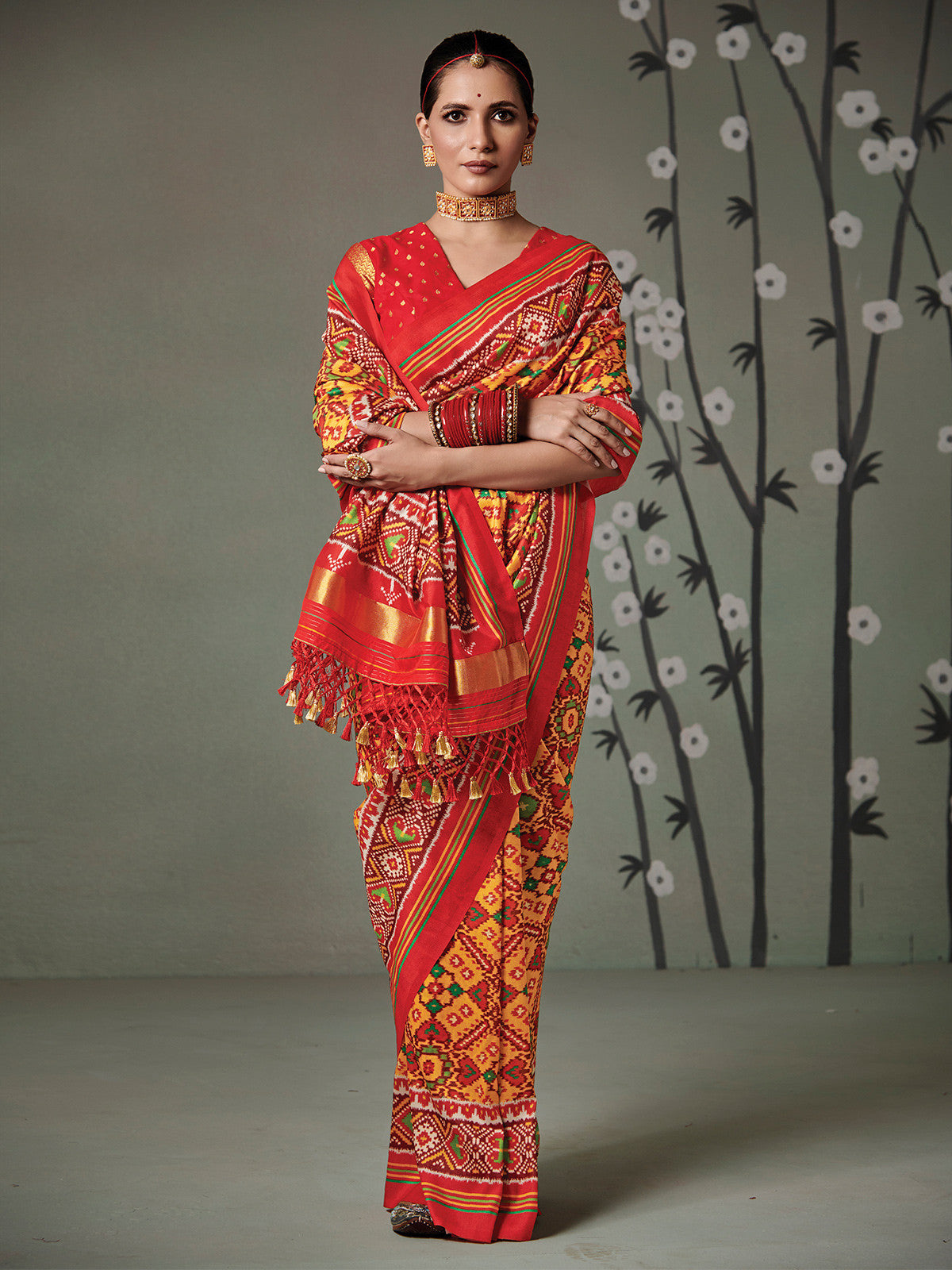 Buy MySilkLove Bush Yellow and Orange Printed Patola Silk Saree Online