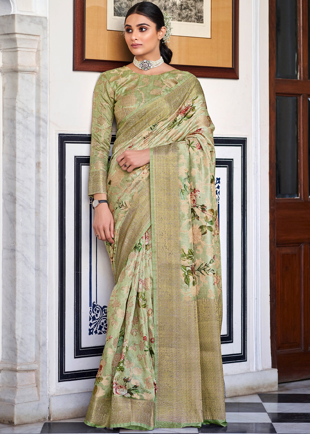 Buy MySilkLove Chino Green Zari Woven Floral Banarasi Saree Online