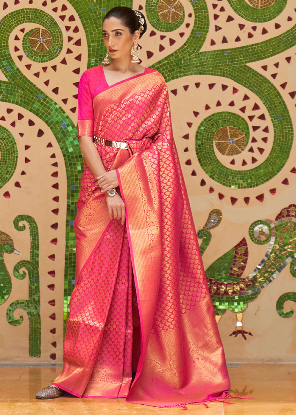 Buy MySilkLove Rose Pink Zari Woven Kanjivaram Saree Online