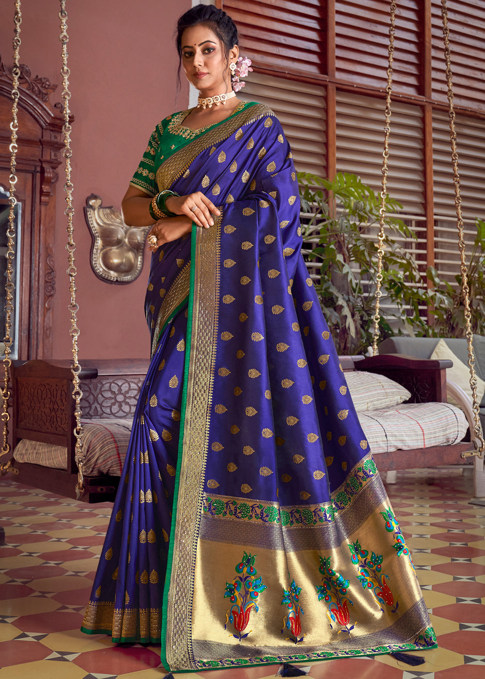 Buy MySilkLove Midnight Blue and Green Zari Woven Banarasi Brocade Saree Online