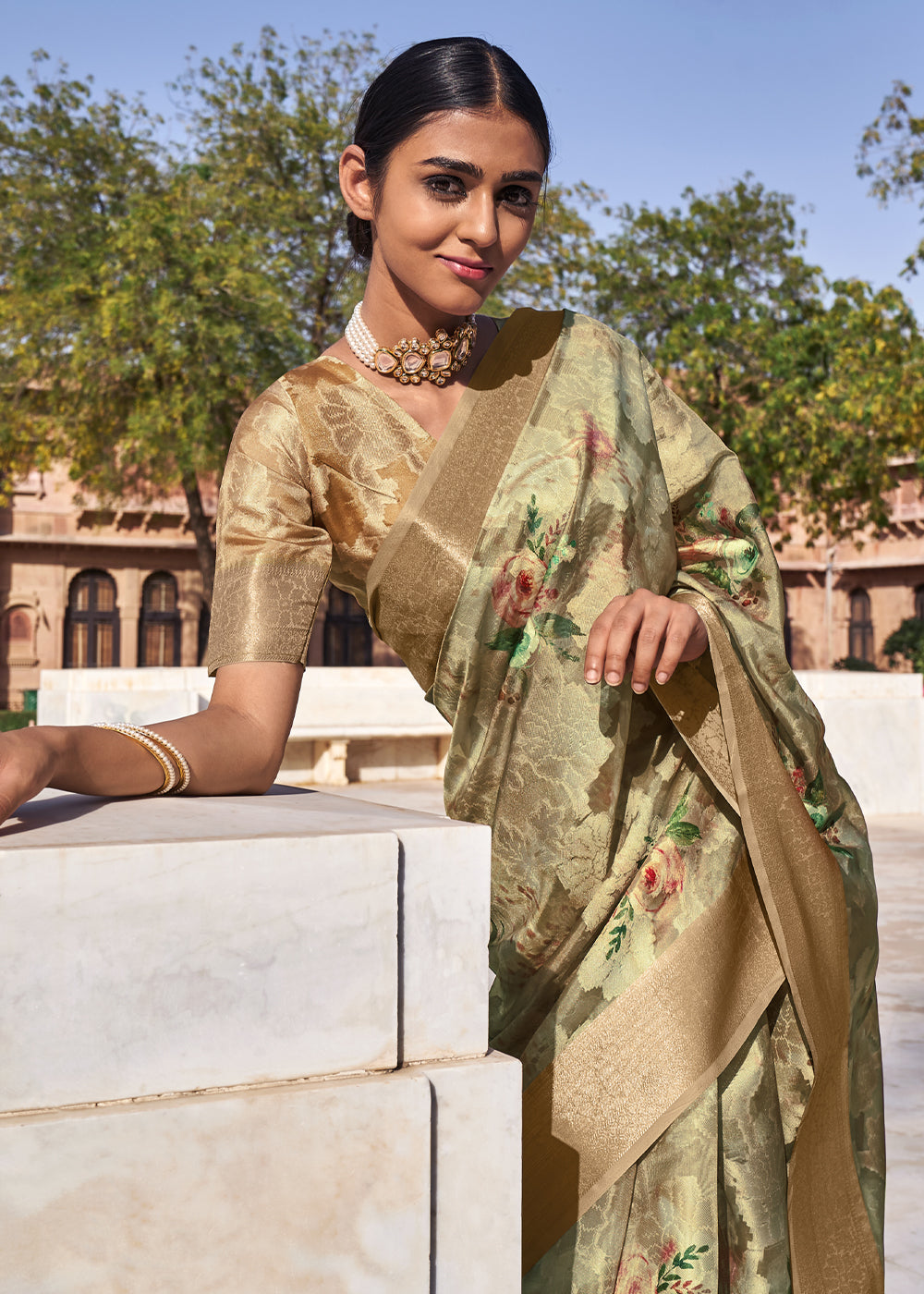 Buy MySilkLove Yuma Green Digital Printed Banarasi Cotton Saree Online