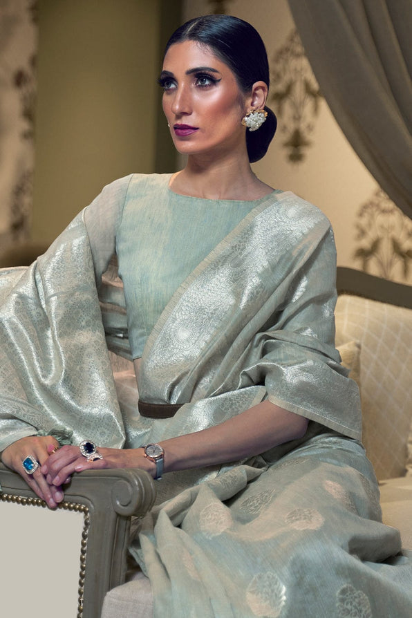 Buy MySilkLove Brook Grey Zari Woven Linen Saree Online