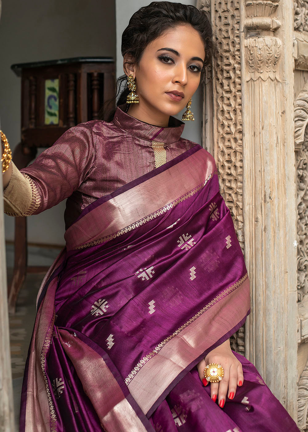 Buy MySilkLove Shocking Purple Zari Woven Tussar Silk Saree Online