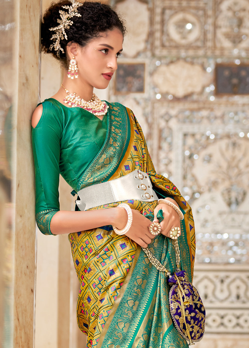 Buy MySilkLove Chenin Yellow and Green Zari Woven Patola Saree Online