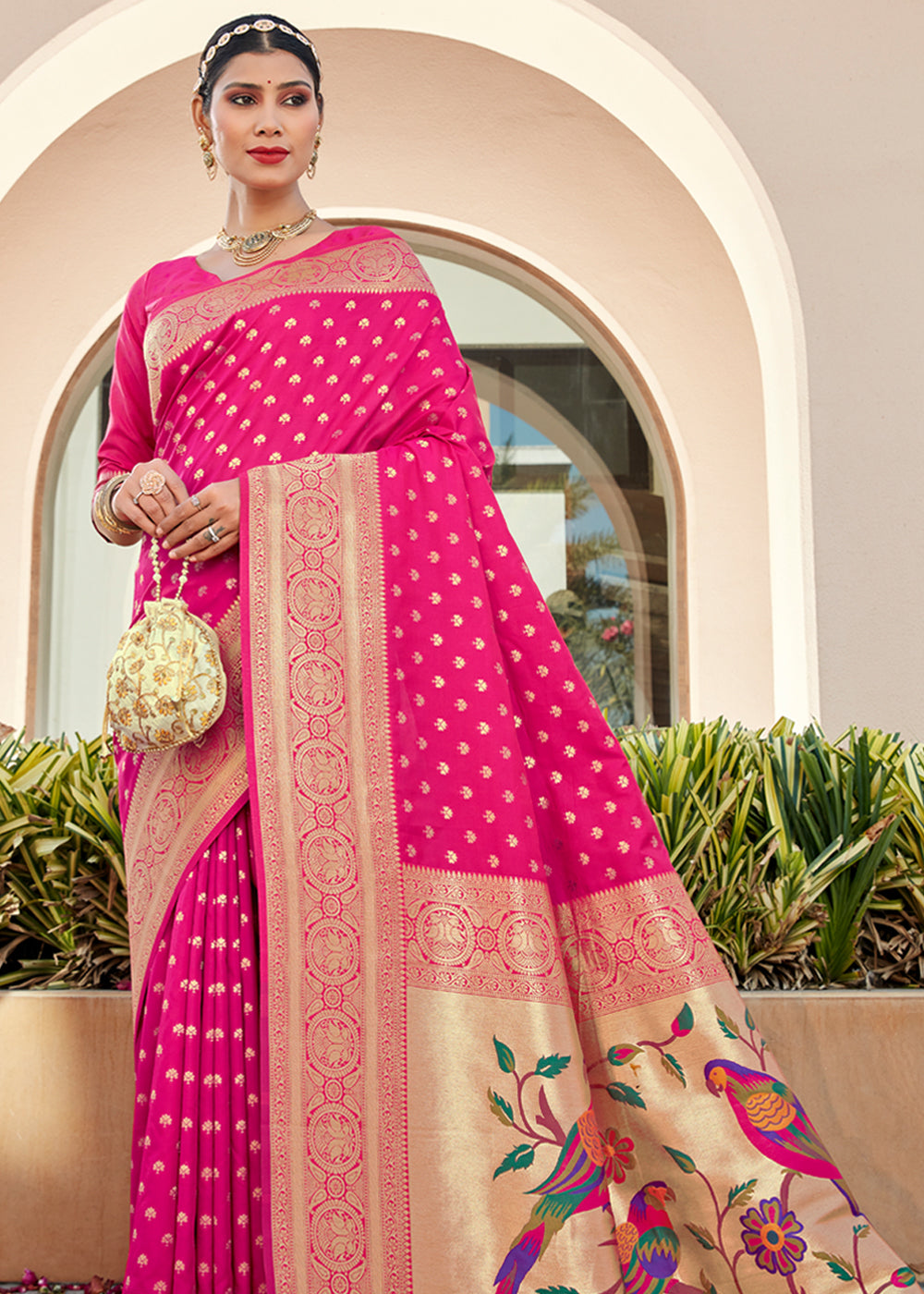 French Rose Pink Woven Paithani Silk Saree
