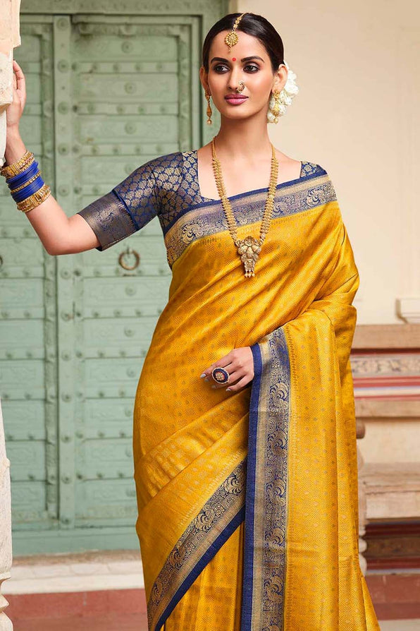 Buy MySilkLove Bush Yellow and Blue Zari Woven Kanjivaram Saree Online