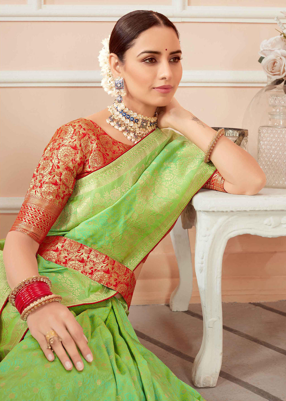 Buy MySilkLove Wild Green Zari Woven Banarasi Silk Saree Online