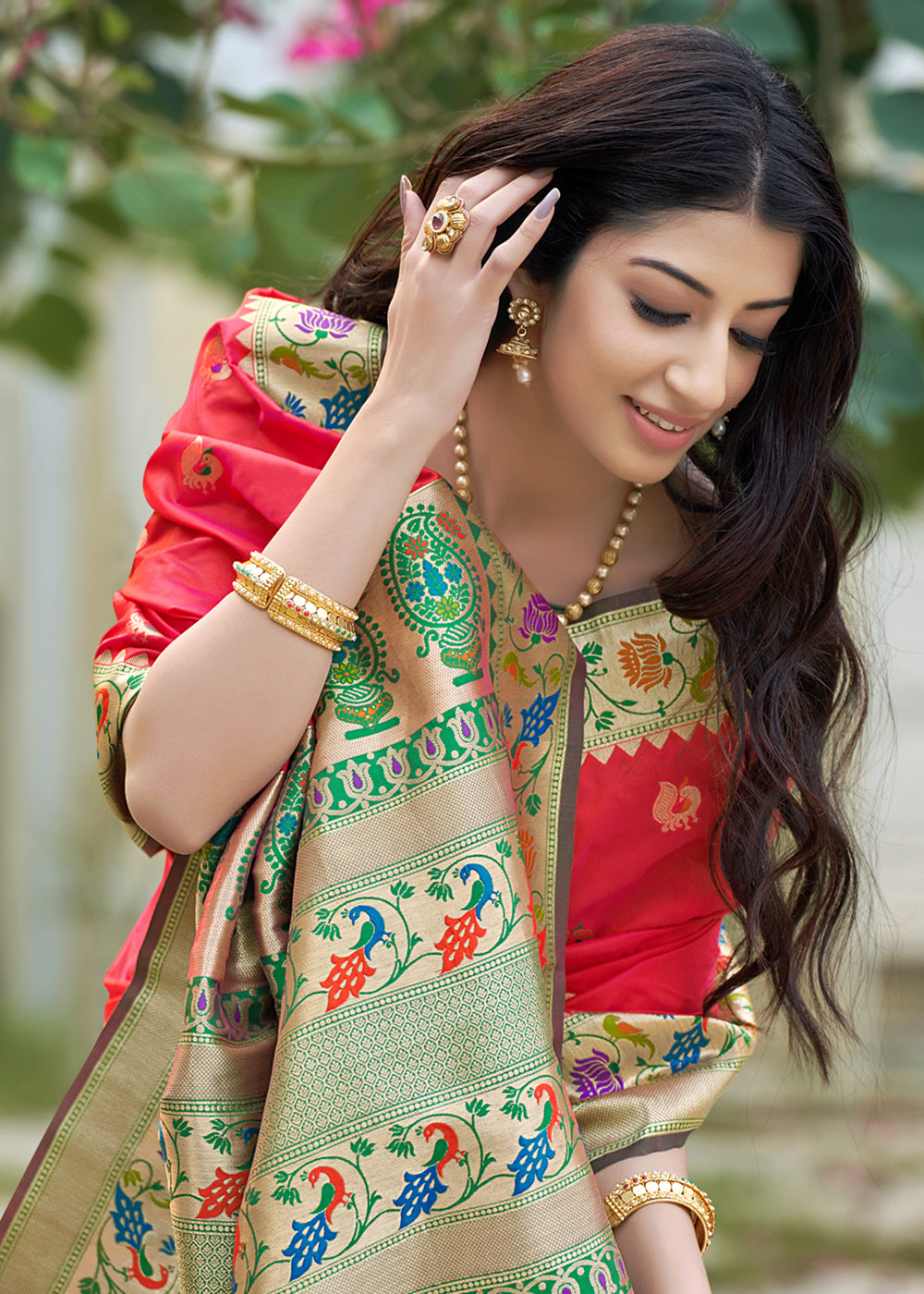 Buy MySilkLove Persian Red and Green Zari Woven Banarasi Paithani Saree Online